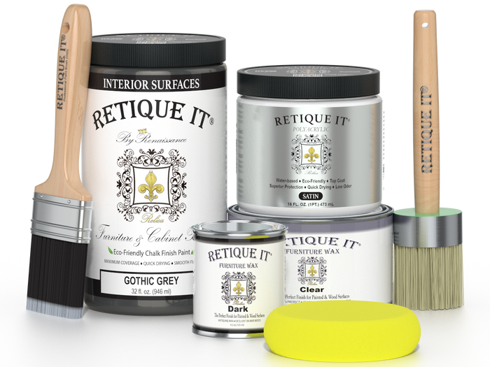 Retique It Gothic Grey furniture and cabinet paint in a quart container, shown on a surface ready for application.