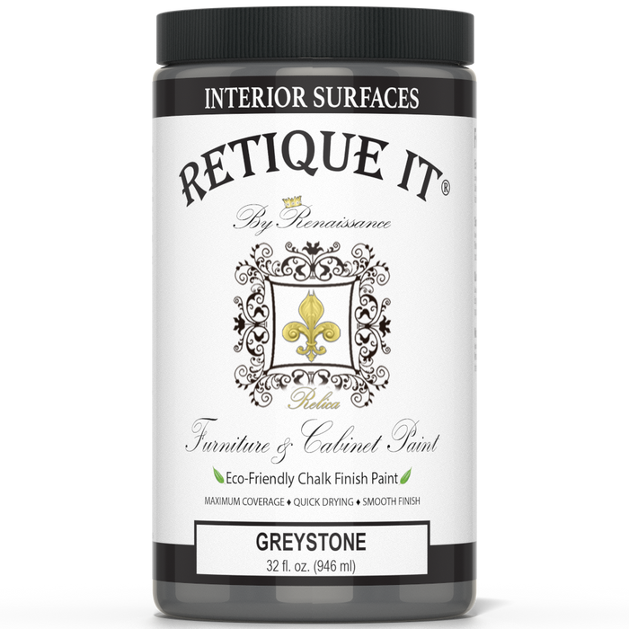 Retique It furniture and cabinet paint quart in Greystone, showing a can of paint with a paintbrush and painted furniture sample.