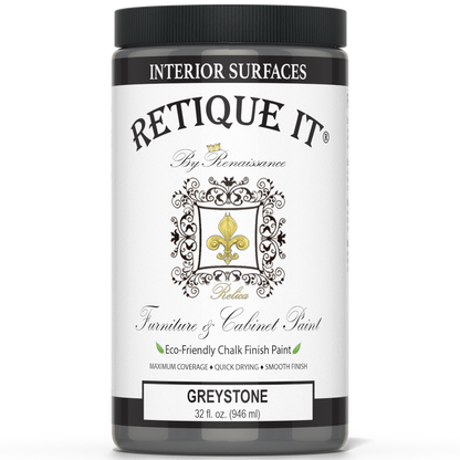 Retique It furniture and cabinet paint quart in Greystone, showing a can of paint with a paintbrush and painted furniture sample.
