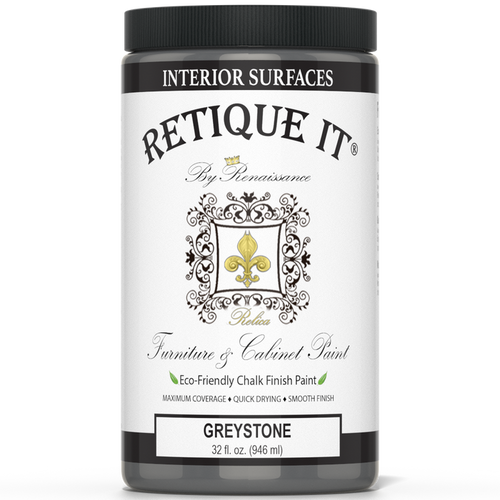 Retique It furniture and cabinet paint quart in Greystone, showing a can of paint with a paintbrush and painted furniture sample.