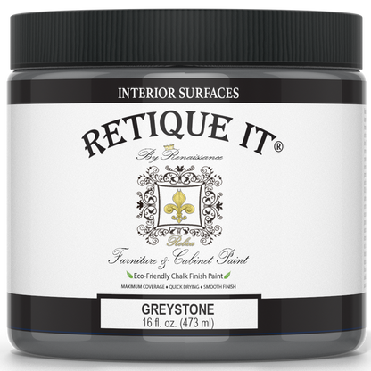 Retique It furniture and cabinet paint in quart size, Greystone color, showcasing smooth application on wood surfaces.