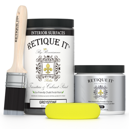 Retique It furniture and cabinet paint in Greystone, quart size, showing a smooth, finished wood surface in a stylish gray hue.