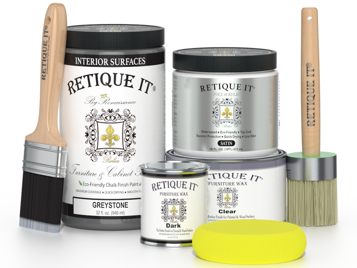 Retique It furniture and cabinet paint in Greystone, quart size, showing a smooth painted wooden surface.