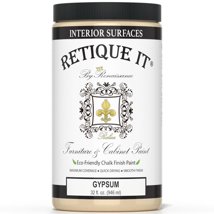 Retique It Furniture and Cabinet Paint in quart size, designed for gypsum surfaces, shown in a smooth, painted finish.