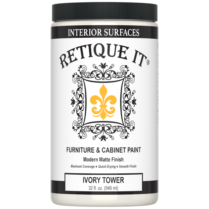 Retique It Renaissance Furniture Paint in Ivory Tower poly kit, showing a close-up of the creamy ivory-colored paint and included supplies.