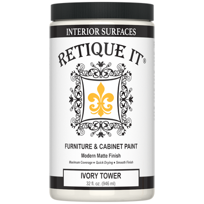 Retique It Renaissance Furniture Paint in Ivory Tower poly kit, showing a close-up of the creamy ivory-colored paint and included supplies.