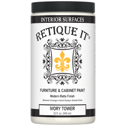 Retique It Renaissance Furniture Paint in Ivory Tower poly kit, showing a close-up of the creamy ivory-colored paint and included supplies.