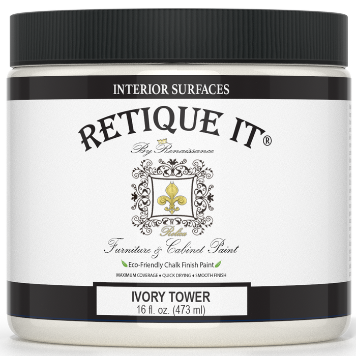 Retique It Renaissance Furniture Paint in Ivory Tower poly kit, showing a close-up of the ivory-colored paint container and application tools.