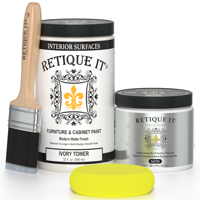 Retique It Renaissance Furniture Paint in Ivory Tower, poly kit, showing a close-up of the paint container with product details.