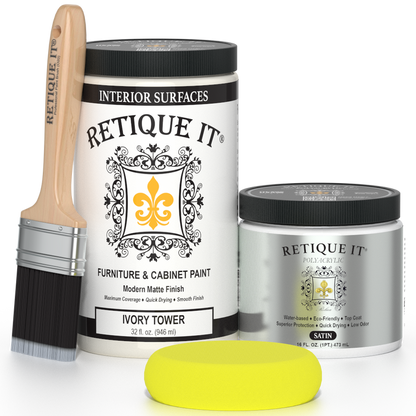 Retique It Renaissance Furniture Paint in Ivory Tower, poly kit, showing a close-up of the paint container with product details.