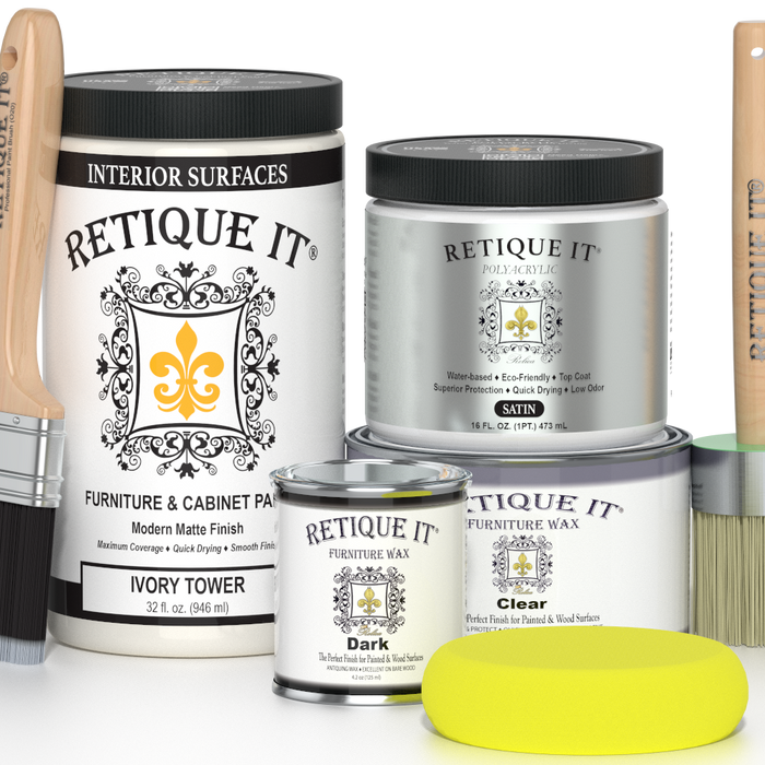 Retique It Renaissance Furniture Paint in Ivory Tower, poly kit, shown on a furniture piece for a smooth, elegant finish.