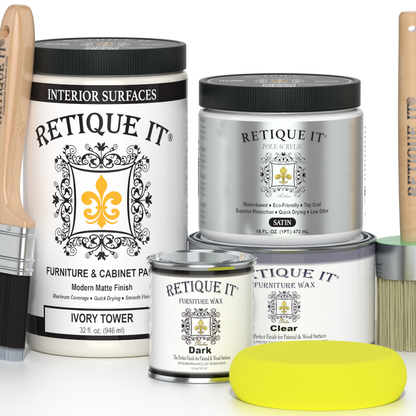Retique It Renaissance Furniture Paint in Ivory Tower, poly kit, shown on a furniture piece for a smooth, elegant finish.