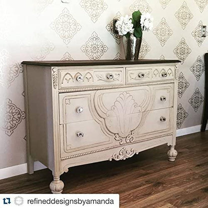 Retique It Renaissance Furniture Paint in Ivory Tower shown on a buffet, highlighting a smooth, matte finish for furniture refinishing.