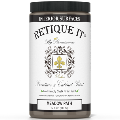 Retique It Furniture and Cabinet Paint in Meadow Path, a quart-sized container with a smooth, eco-friendly finish for furniture.