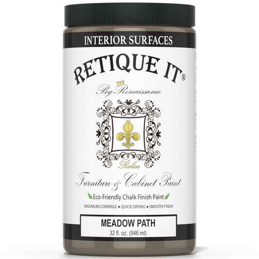 Retique It Furniture and Cabinet Paint in Meadow Path, a quart-sized container with a smooth, eco-friendly finish for furniture.