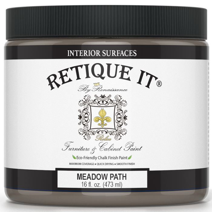 Retique It Meadow Path furniture and cabinet paint quart, showing a can of natural greenish paint for furniture refurbishment.