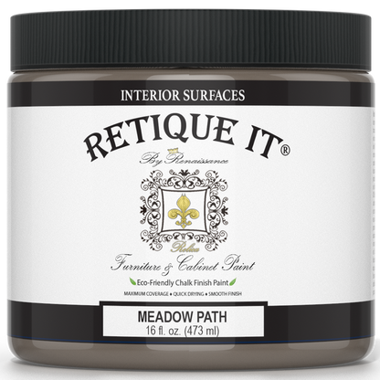 Retique It Meadow Path furniture and cabinet paint quart, showing a can of natural greenish paint for furniture refurbishment.