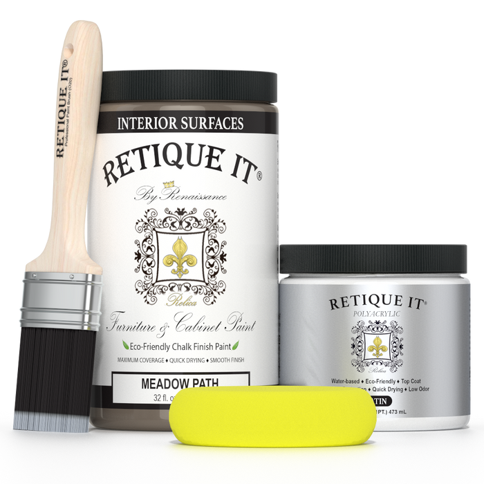 Retique It furniture and cabinet paint in Meadow Path quart, showing a close-up of the paint container and color swatch.