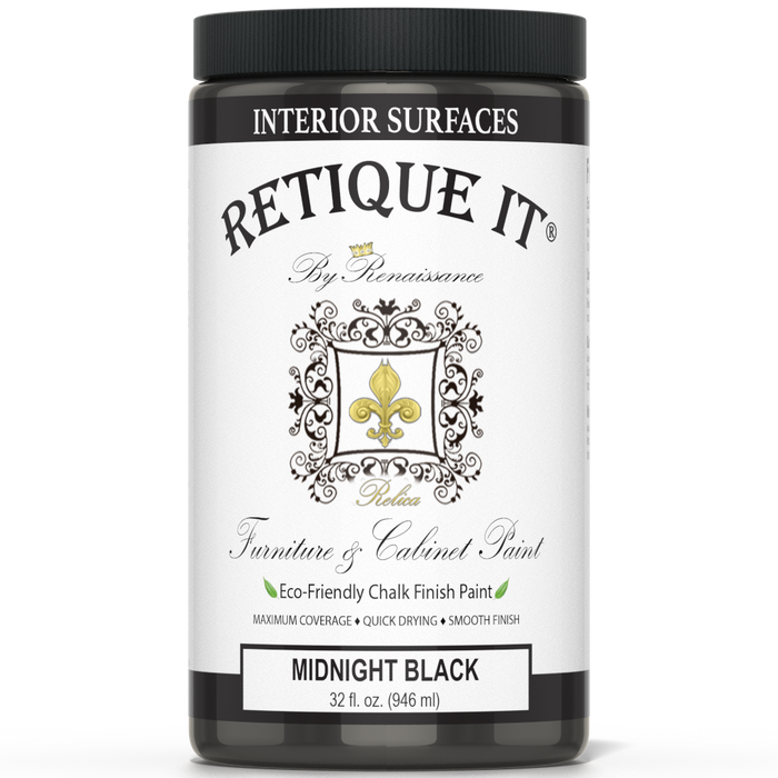 Retique It furniture and cabinet paint in quart size, Midnight Black, showing a smooth, freshly painted cabinet surface.