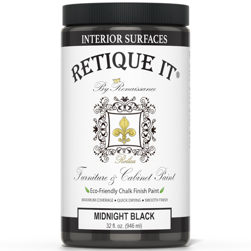 Retique It furniture and cabinet paint in quart size, Midnight Black, showing a smooth, freshly painted cabinet surface.