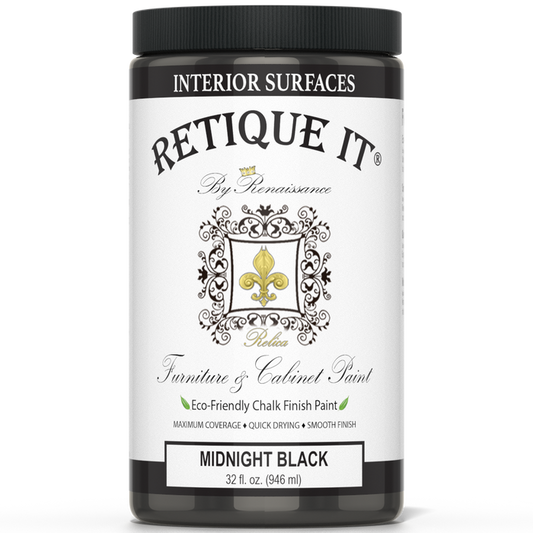 Retique It furniture and cabinet paint in quart size, Midnight Black, showing a smooth, freshly painted cabinet surface.