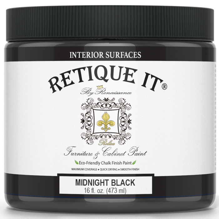 Retique It furniture and cabinet paint in quart, Midnight Black, showing a smooth, glossy black paint finish on furniture.