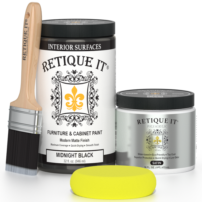 Retique It furniture and cabinet paint in quart, Midnight Black, showcasing smooth black finish on furniture surface.