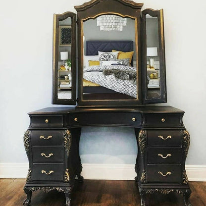 Retique It furniture and cabinet paint in midnight black, quart size, applied on a dresser for a sleek, modern finish.