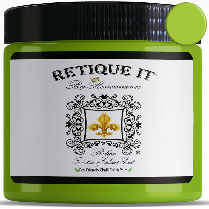 Retique It Mystic Moss furniture and cabinet paint quart swatch showing a soft green color for home decor projects.