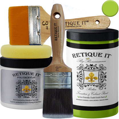 Retique It furniture and cabinet paint in Mystic Moss quart, showing a swatch of the greenish paint color on a sample surface.