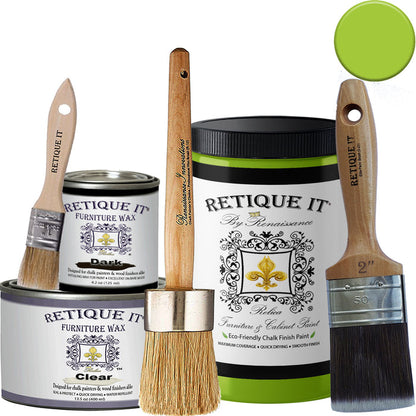 Retique It Furniture and Cabinet Paint in Mystic Moss, quart size, with a close-up of the paint swatch showing the green color.