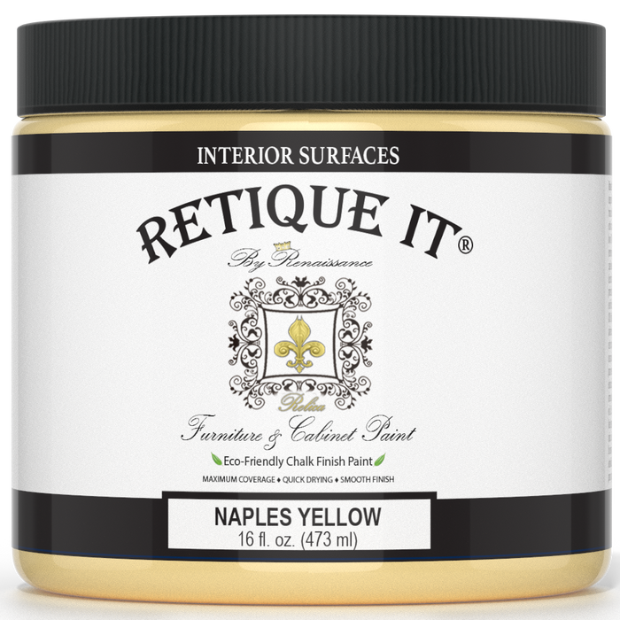 Retique It Furniture & Cabinet Paint in Naples Yellow, quart size, vivid yellow paint for furniture and cabinetry.