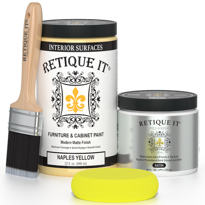 Retique It furniture and cabinet paint in Naples Yellow, quart size, showing a close-up of the vibrant yellow paint container.