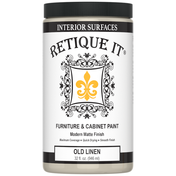 Retique It furniture and cabinet paint in Old Linen quart, showing a smooth, freshly painted cabinet surface.