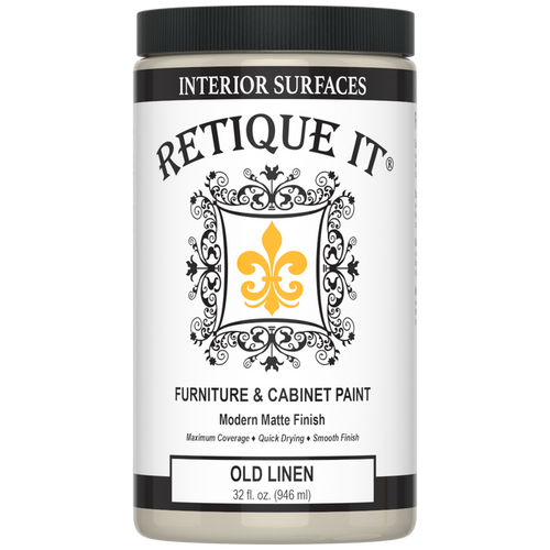 Retique It furniture and cabinet paint in Old Linen quart, showing a smooth, freshly painted cabinet surface.
