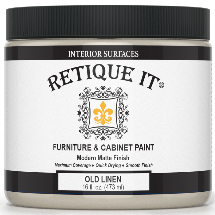Retique It furniture and cabinet paint in Old Linen quart, showcasing smooth, neutral-colored paint suitable for furniture refinishing.