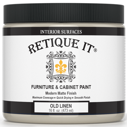 Retique It furniture and cabinet paint in Old Linen quart, showcasing smooth, neutral-colored paint suitable for furniture refinishing.