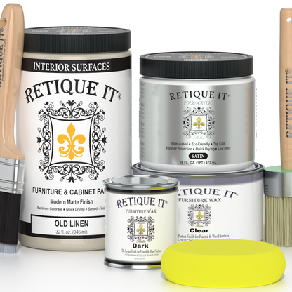 Retique It furniture and cabinet paint in Old Linen quart, showing a smooth, fresh-coated surface ready for furniture renovation.