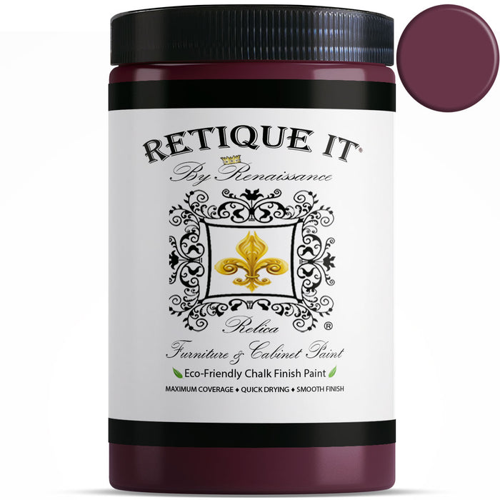 Retique It plum furniture and cabinet paint quart swatch showing a smooth, vibrant purple finish on wood surface.