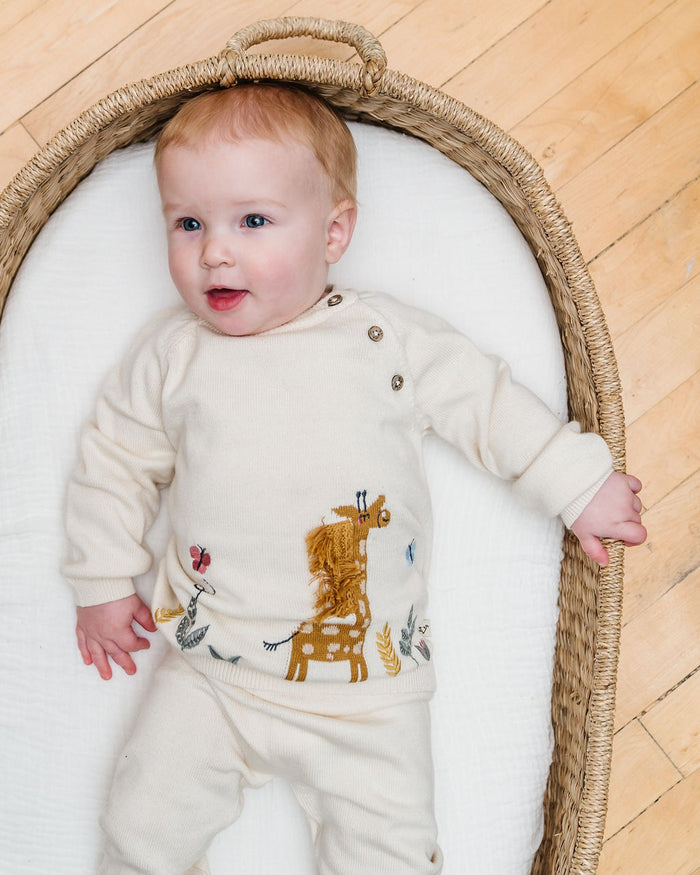 Giraffe Garden Embroidered Knit Baby Pullover Sweater (Organic Cotton)