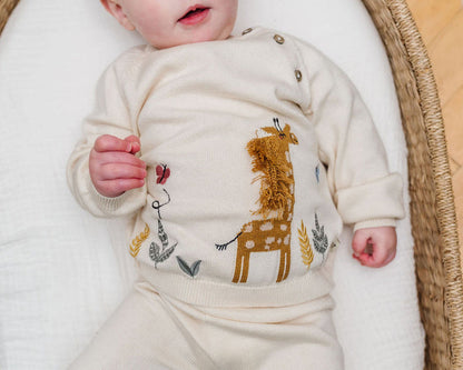 Giraffe Garden Embroidered Knit Baby Pullover Sweater (Organic Cotton)