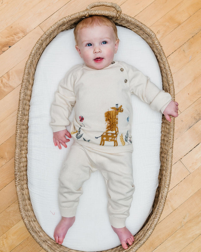 Giraffe Garden Embroidered Knit Baby Pullover Sweater (Organic Cotton)