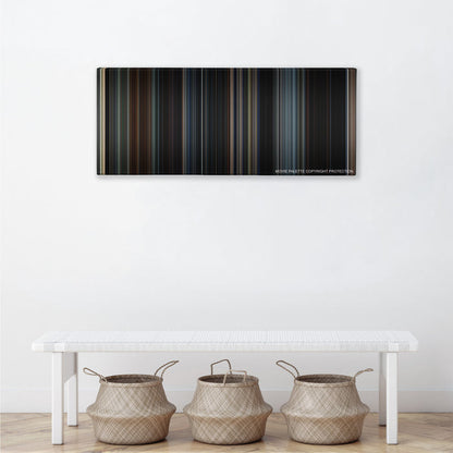 Godzilla color palette canvas above a white bench with three woven baskets