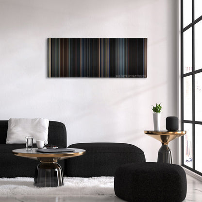 Godzilla color palette canvas above a black sofa with a gold-topped table