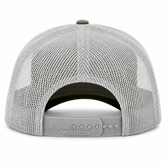 Rear view of a Richardson brand trucker hat with a light gray mesh back and a gray snapback closure strap.