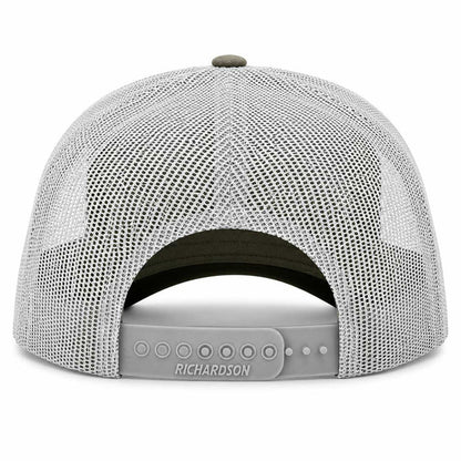 Rear view of a Richardson brand trucker hat with a light gray mesh back and a gray snapback closure strap.