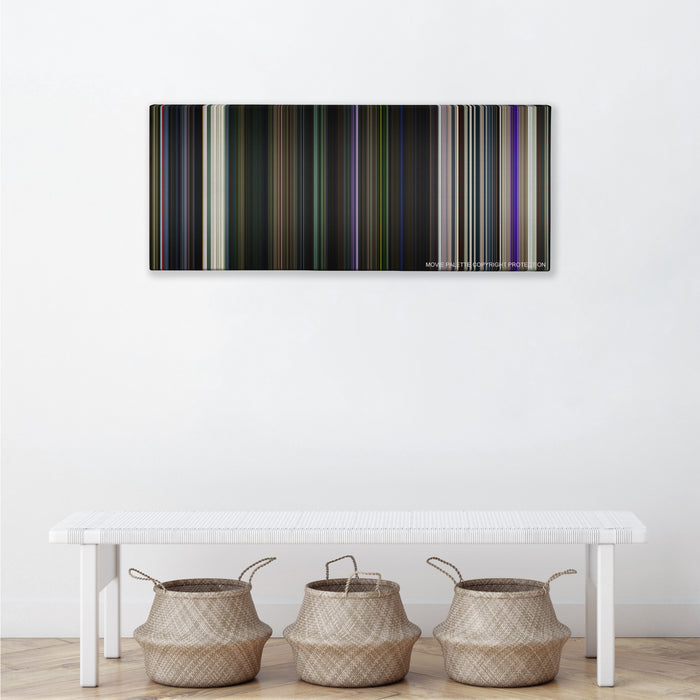 Guardians of the Galaxy color palette canvas above a white bench with three woven baskets