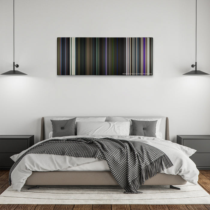 Guardians of the Galaxy color palette canvas above a bed, between two black pendant lamps