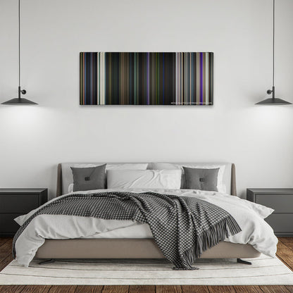 Guardians of the Galaxy color palette canvas above a bed, between two black pendant lamps
