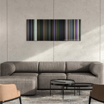 Guardians of the Galaxy color palette canvas on a concrete wall above a gray sectional sofa